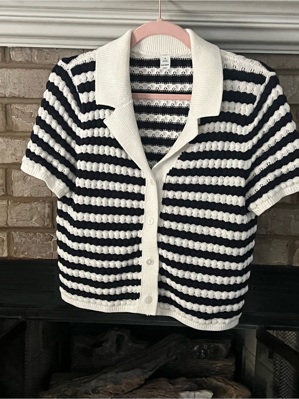Old Navy navy & White Striped Short-Sleeve Button-Up Sweater size med